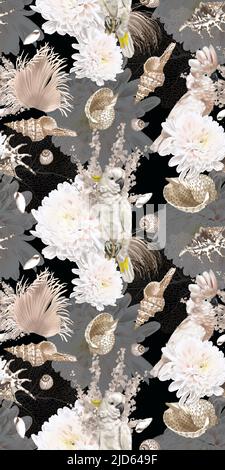 aquarelle motif boho sans couture. perroquets, fleurs et coquillages. motif beige Banque D'Images