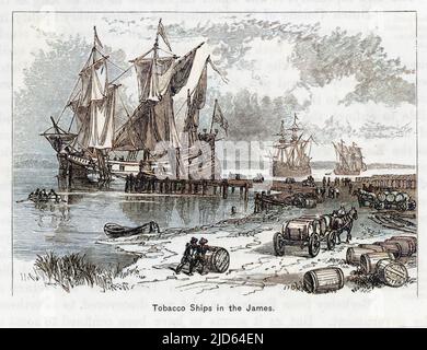 Navires à tabac transportant du tabac dans la rivière James, Virginie, Amérique version colorisée de : 10002051 Date: Vers 1760 Banque D'Images