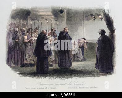 Une scène à l'intérieur de l'église de la Nativité, Bethléem, qui marque le lieu de naissance traditionnel de Jésus. Version colorisée de : 10005044 Date: 1846 Banque D'Images