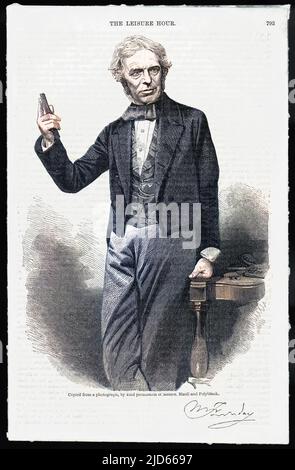 Michael Faraday (1791 - 1867), scientifique, a montré tenir une barre de verre du type qu'il a utilisé pour montrer que le magnétisme peut affecter la lumière. Version colorisée de : 10006193 Date: 1859 Banque D'Images