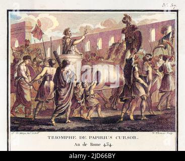 Après avoir fait une attaque honteuse sur les Samnites, Lucius Papirius Cursor jouit néanmoins d'un triomphe habituellement attribué uniquement aux héros. Version colorisée de : 10006598 Date : 320 av. J.-C. Banque D'Images