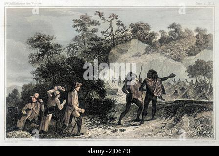 Joseph Banks et Daniel Solander, scientifiques qui accompagnaient Cook lors de son premier grand voyage, visitent un village de Tierra del Fuego version colorisée de : 10015601 Date: 1771 Banque D'Images