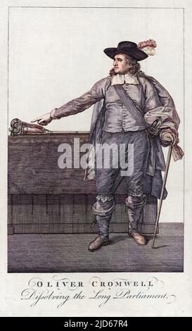 OLIVER CROMWELL (1599 - 1658), soldat, homme d'État, le protecteur représenté dans l'acte de dissoudre le long Parlement version colorisée de : 10023641 Banque D'Images