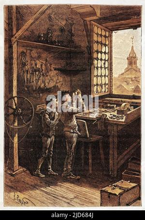 Le récit légendaire de l'invention du télescope : les apprentis de Hans Lippershey, jouant avec des lentilles, se trouvent à tenir deux d'entre eux ensemble - le reste est l'histoire version colorisée de : 10052125 Date: 1590 Banque D'Images