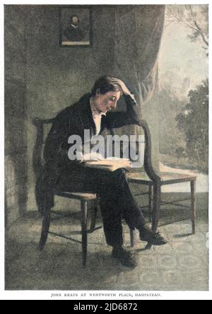JOHN KEATS (1795 - 1821), poète anglais lisant un livre à Wentworth place, Hampstead. Version colorisée de : 10070414 Banque D'Images