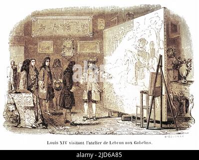 CHARLES LE BRUN artiste français : nommé premier peintre de Louis XIV qui est représenté en visite dans son studio, vers 1680. Version colorisée de : 10162947 Date: 1619 - 1690 Banque D'Images
