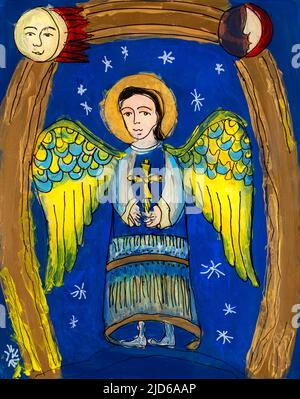 Icône peinte sur le verre inversé dans le style naïf orthodoxe de l'Europe de l'est représentant un ange gardien. Peinture pour enfants. Banque D'Images