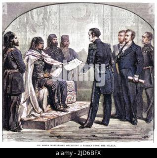 SIR MOSES MONTEFIORE (deuxième de droite) philanthrope juif, rencontre avec le sultan de Turquie qui lui donne un firman (passeport). Version colorisée de : 10165616 Date: 1784 - 1885 Banque D'Images