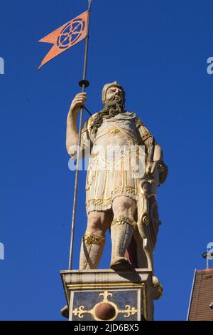 Allemagne, Thuringe, Erfurt, Fischmarkt, statue romaine, Banque D'Images