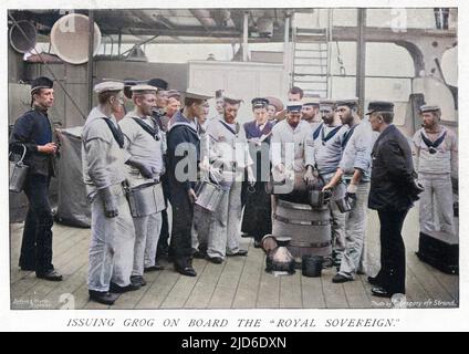 Sur le pont sur le navire 'Royal Sovereign': Les marins sont émis avec le grog, un mélange de rhum et d'eau version colorisée de : 10235572 Date: 1895 Banque D'Images