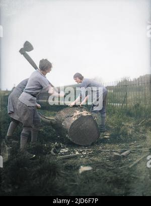 Deux jeunes femmes, des bûcherons féminins, hacher du bois avec d'énormes haches sur une ferme universitaire à Finchley, dans le nord de Londres, en Angleterre. Version colorisée de : 10163975 Date : début 1930s Banque D'Images