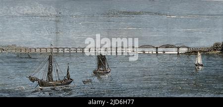 Le nouveau pont à travers le Severn. La vue telle qu'elle apparaîtra de Gatcomb, avec les quais à la distance. Version colorisée de : 10215976 Date: 1875 Banque D'Images