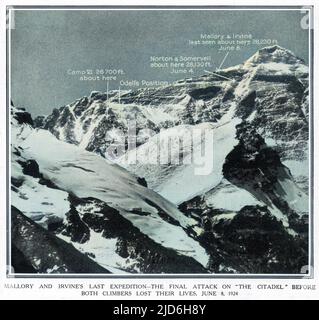 Mont Everest, avec les positions relatives du Camp VI, et les points les plus éloignés atteints par Norton et Somervell et Mallory et Irvine. Version colorisée de : 10217923 Date: 1924 Banque D'Images