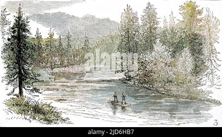 Certains hommes pêchent à la mouche le saumon dans un canoë à Henry's Fork sur la rivière Snake, dans le parc national de Yellowstone. Version colorisée de : 10219229 Date: 1883 Banque D'Images