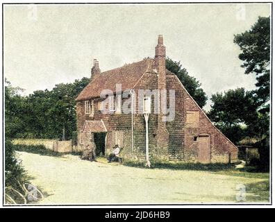 Bat and ball public House à Hambledon, vers 1908. Le pub était autrefois connu sous le nom de Broadhalfpenny Hut et était utilisé comme pavillon par le club de cricket de Hambledon dans la seconde moitié du XVIIIe siècle. Broadhalfpenny Down est considéré comme le berceau du cricket moderne ; d'où l'importance de la maison publique Bat and ball. Version colorisée de : 10218941 Date: 1908 Banque D'Images