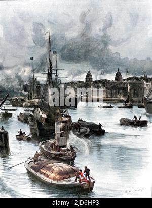 Vue sur la Tamise, de l'île des chiens, en direction de l'hôpital naval de Greenwich, Londres. Plusieurs briquets, un remorqueur à vapeur, une barge à voile et un grand bateau à vapeur à aubes sont visibles dans la rivière. Version colorisée de : 10221711 Date: 1900 Banque D'Images