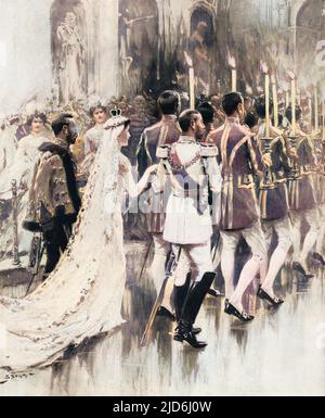 La princesse Viktoria Luise, seule fille du Kaiser, est accompagnée par le roi George V dans une danse traditionnelle à la torche après son mariage avec le prince Ernst de Cumberland. Version colorisée de : 10235299 Date : 31-mai-13 Banque D'Images