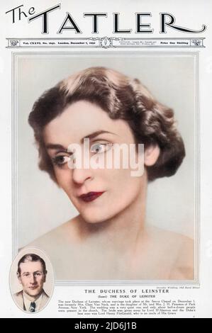 La nouvelle duchesse de Leinster, ayant épousé le duc de Leinster à la Chapelle de Savoie le 1st décembre 1932. Elle était auparavant Mme Clare Van Neck, fille de M. et Mme J. H. Paterson de Park Avenue, New York. Version colorisée de : 10410062 Date: 1932 Banque D'Images