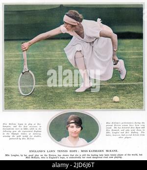 Mlle Kathleen Mccane (Kitty McKane Godfree) (1896-1992), joueur de tennis, l'espoir de tennis sur gazon de l'Angleterre, et rivale de la joueuse française Suzanne Lenglen. Version colorisée de : 10433843 Date: 1923 Banque D'Images