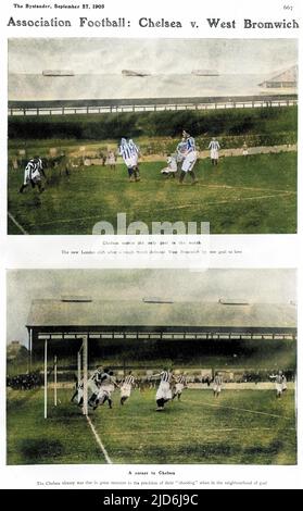 Deux photographies d'action de la deuxième Division au pont Stamford entre Chelsea et West Bromwich Albion, qui s'est terminée par une victoire de Chelsea de 1 à 0. West Broms sont dans leurs bandes traditionnelles, et en ces jours-là les gardiens de but portaient la même bande que le reste de l'équipe. C'était la première saison de Chelsea dans la Ligue, n'ayant été fondée qu'en mars 1905. Ils ont manqué la promotion d'une place, finissant la troisième, avec West Bromwich Albion une place derrière eux. Version colorisée de : 10504407 Date: 23-sept-05 Banque D'Images