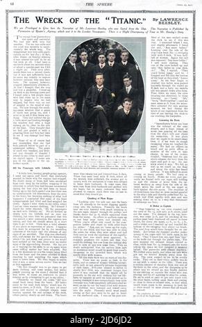 Une page de la sphère avec un rapport complet sur le naufrage du Titanic par un survivant, M. Lawrence Beesley, un maître scientifique au Collège Dulwich depuis 1904. Version colorisée de : 10583577 Date: 1912 Banque D'Images