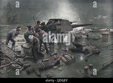 Un groupe de marins-armés britanniques s'est mis à tirer un dernier coup de feu sur un navire allemand alors que leur propre navire coule sous eux. La légende note que c'était un événement commun avec les croiseurs légers et les destroyers où leur construction légère les rendait responsables de la destruction par une seule coquille de dimensions modérées. Par exemple, huit destroyers ont été perdus à la bataille de Jutland. Version colorisée de : 10825940 Date: 1919 Banque D'Images