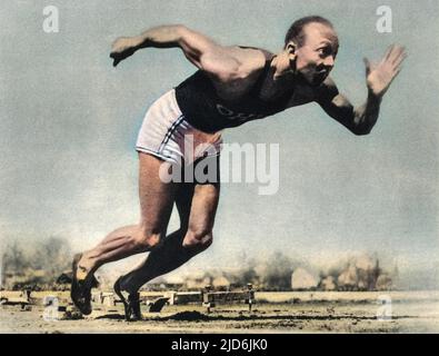 James Cleveland Jesse Owens athlète américain, quatre fois champion aux Jeux Olympiques de Berlin, août 1936. Version colorisée de : 10587469 Date : août 36 Banque D'Images