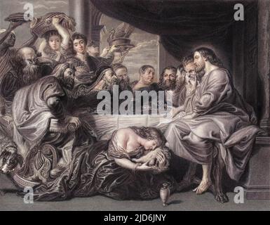 Marie de Bethany ontait les pieds de Jésus-Christ en gratitude pour son élévation de son frère Lazarus (et en préparation à sa mort imminente et son enterrement). Version colorisée de : 10795123 Date: Vers 1850 Banque D'Images