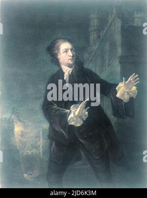 M. Garrick dans Hamlet. David Garrick dans Hamlet, ACT 1, scène 4, portrait de trois quarts de longueur, debout, vers la droite, avec les mains levées. Date 1754. Version colorisée de : 10608395 Banque D'Images