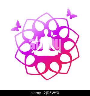Logo yoga. Position Lotus. Illustration vectorielle. Silhouette humaine avec fleur de lotus Illustration de Vecteur