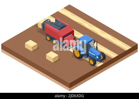 Tracteurs isométriques fauchage, râtelage, mise en balles de foin. Le foin s'empile après la récolte des céréales. Tracteur avec presse à balles carrées jaune. Illustration de Vecteur