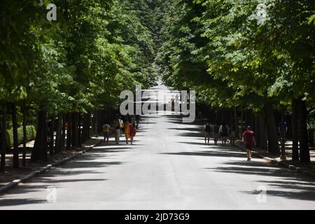 Madrid, Espagne. 18th juin 2022. Les gens marchent dans l'ombre dans un parc lors d'une vague de chaleur à Madrid, Espagne, sur 18 juin 2022. Credit: Gustavo Valiente/Xinhua/Alamy Live News Banque D'Images