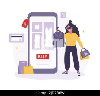 Shopping en ligne métaverse. Femme en VR verres choisir des marchandises dans l'application Web. Concept de cyberespace ou de réalité virtuelle. Technologie moderne Illustration de Vecteur