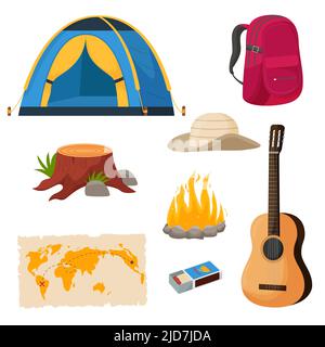 Camping et randonnée. Collection d'outils de voyage pour le camp d'été pour la survie dans la nature, tente, sac à dos, carte, hache, feu de camp et autres équipements de camping Illustration de Vecteur