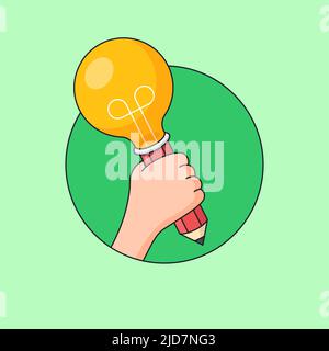 crayon à main avec lampe à ampoule illustration vectorielle de la tête de lampe pour les étudiants créatifs avec une conception visuelle brillante idée Illustration de Vecteur