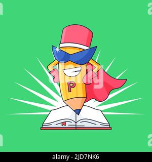Crayon super héros mascotte avec l'illustration vectorielle de livre ouvert pour la conception d'apprentissage d'esprit avant l'école Illustration de Vecteur