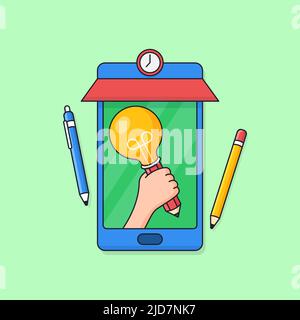 Lampe à ampoule à main sur l'écran du smartphone avec outils pour les élèves illustration vectorielle pour une application d'apprentissage en ligne créative pour les leçons scolaires Illustration de Vecteur