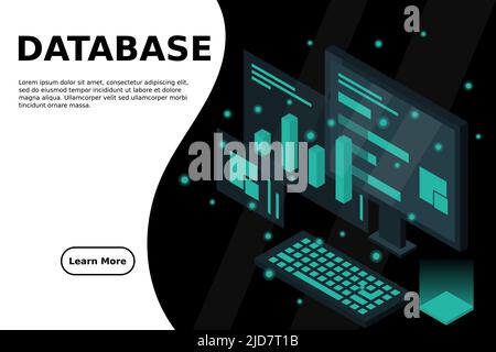Analyse de données dans la conception de vecteur isométrique.Technicien dans le centre de données ou dans la salle du centre de données.Structure du site Web de l'infrastructure mainframe réseau.Co Illustration de Vecteur