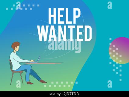Écriture affichage du texte aide souhaitée. Publicité de concept d'Internet placée dans le journal par les employeurs cherchent employés personne assis bureau à l'aide d'un ordinateur Banque D'Images
