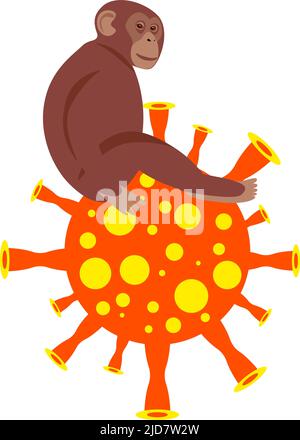 Cellule virale avec singe, illustration médicale simbolique. Monkey est assis sur la balle - le virus. Cellules du virus de la variole du singe sur fond transparent. Micro Illustration de Vecteur