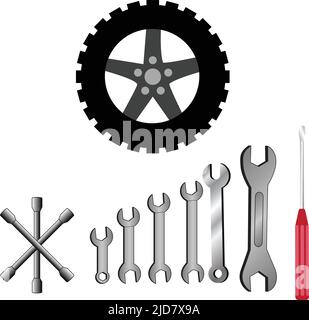 outils de réparation pour véhicules clé, tournevis et pneu, etc., illustrations vectorielles Illustration de Vecteur