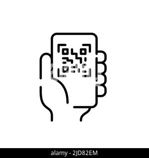 Main tenant un smartphone scannant le code qr. Icône de ligne de contour pixel Perfect, modifiable Illustration de Vecteur