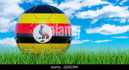 Ballon de football avec drapeau ougandais sur l'herbe verte contre le ciel bleu, 3D rendu Banque D'Images