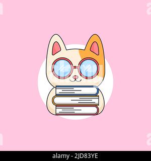 Mignon chat chaton portant des lunettes geek tenant des livres bookworm animal mascotte dessin animé vecteur illustration design Illustration de Vecteur