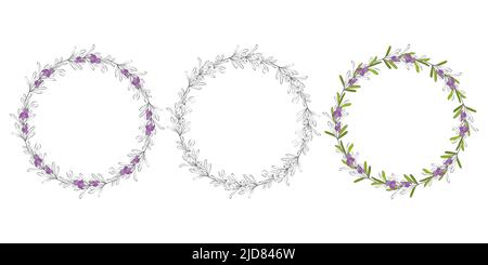 Couronne main dessin cadre rond branches romarin. Ensemble de couronnes fleuries avec feuilles, branches. Éléments décoratifs pour le design. Silhouette de la ligne de la boue. Illustration vectorielle Illustration de Vecteur