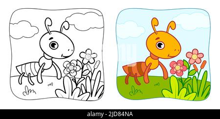 Livre de coloriage ou page de coloriage pour les enfants. Illustration vecteur ANT clipart. Arrière-plan de la nature. Illustration de Vecteur