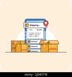 application mobile de suivi des expéditions avec plusieurs boîtes de livraison en carton pour une illustration vectorielle de service d'expédition moderne Illustration de Vecteur