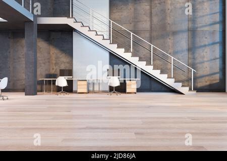 Vue sur l'avant de style loft design intérieur bureau spacieux avec grands escaliers blancs, mur en béton et des espaces de travail minimalistes sur parquet. 3D renderi Banque D'Images