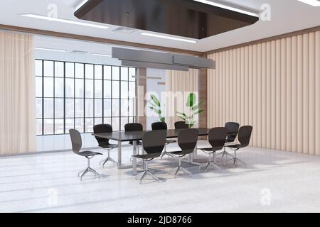 Vue en perspective sur une table de réunion noire avec chaises dans une salle de conférence à l'intérieur moderne avec lustre en haut, rideau beige et décor Banque D'Images