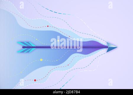 Technologie de vitesse et concept d'innovation avec des teintes bleues flèche volante laissant un sentier de lignes sur fond violet clair abstrait. 3D rendu Banque D'Images